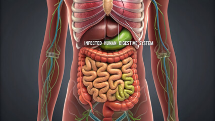 In this illustration, human digestive system is depicted with emphasis infection. image highlights various organs and structures, showcasing