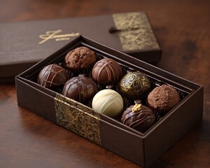 Luxury chocolate truffles box on brown velvet with gold foil text