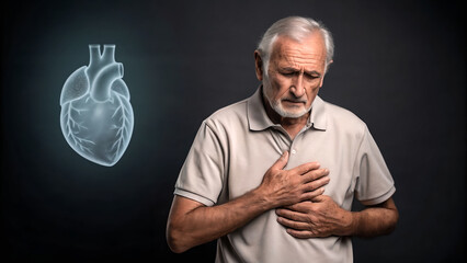 Senior man experiences discomfort while holding his chest, reflecting medical theme focused on cardiovascular health and impact of fatty diet