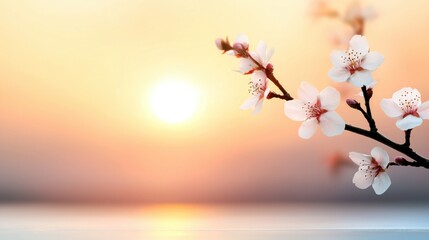 Beautiful blooming branch with white flowers in a sunset setting