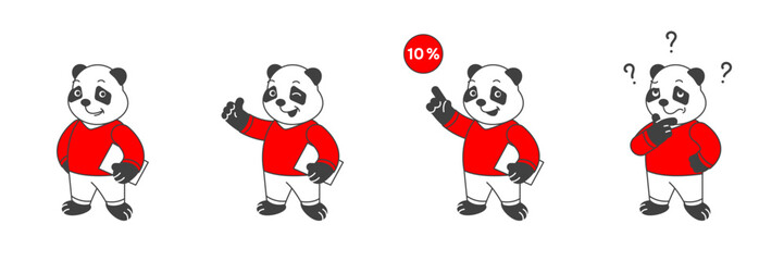 Character mascot panda in red t-shirt with different emotions for business. Thinks and analyzes, attention action, reliable. Vector illustration.