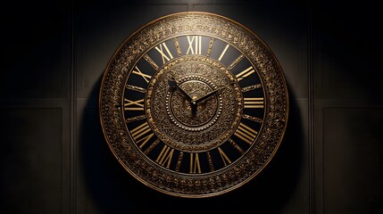 Intricately designed old Byzantine clock face gold detailing mounted museum wall with dim lighting artistic expression of religious and imperial timekeeping  on  