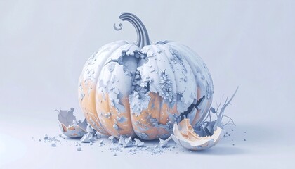 Broken Orange Pumpkin With Frost On Light Blue Background