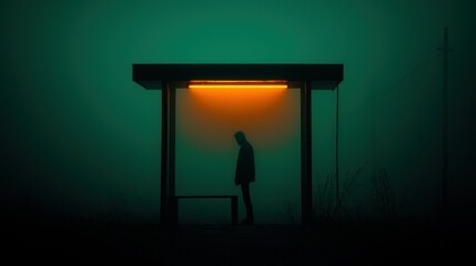 A silhouetted figure waits under the lit bus stop shelter alone