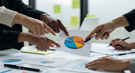 Macro shot of diverse hands collaborating over business charts during a meeting. Perfect for teamwork, planning, and office concept.

