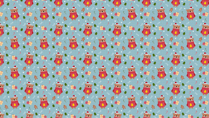Seamless christmas pattern with bears in santa hats and sweaters on a light blue background design