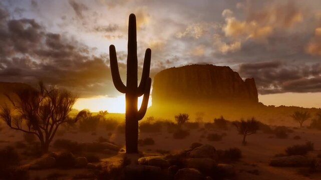 majestic saguaro cactus at desert sunset panorama