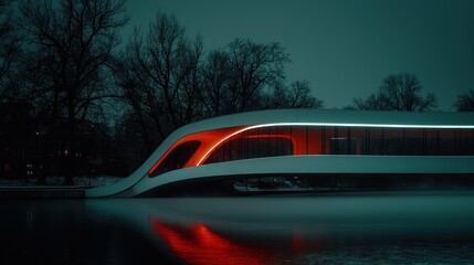 Obraz premium A futuristic building reflecting in still water at night time