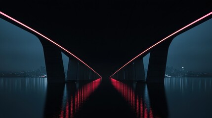 Illuminated architectural bridge and its reflection during a dark night