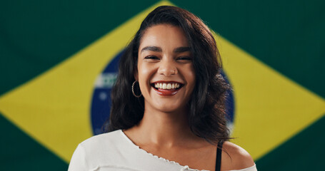 Brazil, happy and portrait of woman with flag for national pride, support and citizenship. Patriot, person and smile with Brazilian banner for symbol of identity, loyalty and culture of independence