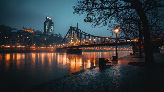 Illuminated city bridge reflecting lights on water during nighttime hours