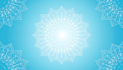 Intricate white mandala on a light blue gradient background, with repeating patterns in corners