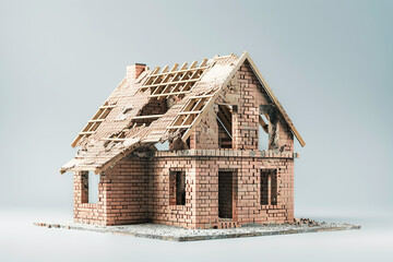 Ruined brick house isolated on blue background, architectural collapse concept illustration