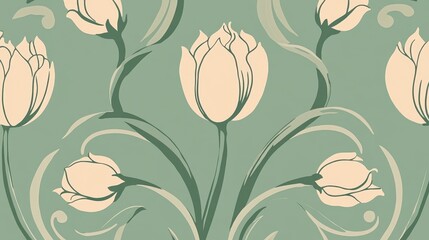 Delicate floral pattern of repeating pale peach tulips on a muted teal background.