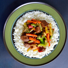 Beef and vegetable stir fry with jasmine rice and soy and honey sauce. 