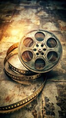 Obraz premium Vintage film reel with faded film strips wrapped around it