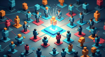 Isometric People Network Connecting on Futuristic Digital Interface with Geometric Pixel Figures and Connection Nodes in a Dark Studio Setting