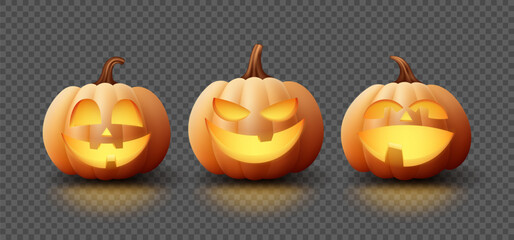 Set of pumpkins for Halloween decoration. Vector realistic 3d orange pumpkins with cut smiles. Halloween collection of 3d objects. Design elements isolated on checkered background.