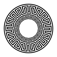 Greek key meanders round frame on white background. Patterns of Greece, ancient Rome. Classic egyptian, assyrian, greek motives. Circle european border. For textile, embroidery, porcelain, engraving