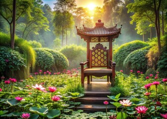 Obraz premium Soft sunlight filters through Tian Hou's lotus throne amidst lush greenery and vibrant flowers