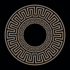 Golden Greek key meanders round frame on black background. Patterns of Greece, ancient Rome. Circle european border. Classic egyptian, assyrian, greek motives. For textile, embroidery, porcelain