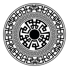 Greek round pattern on white background. Decorative round frame. Abstract vector geometric ornament. Greek key meanders. Vector illustration. Classic egyptian, assyrian, greek motives