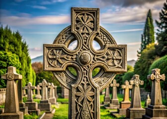 Elegantly crafted Victorian-era stone Celtic cross with intricate carvings and ornate details