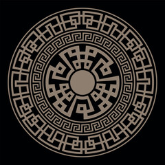 Decorative golden Greek round ornament pattern frame plate with pattern in center. Greek meander. Circle european border. Patterns of Greece, ancient Rome. Classic egyptian, assyrian, greek motives
