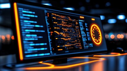 Glowing computer monitor displaying complex code and data visualization