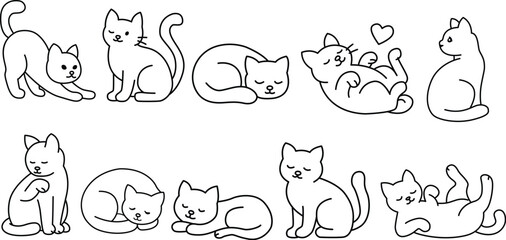 Obraz premium Cute Cat Outline Vector Set – Minimalist Line Art of Playful and Sleeping Cats