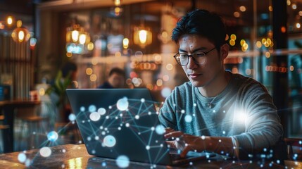 Young Man Working on Laptop in Cafe at Night