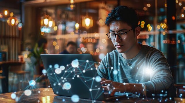 Young Man Working on Laptop in Cafe at Night
