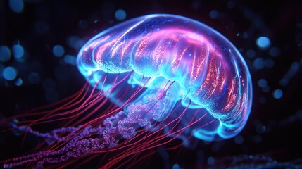 Naklejka premium A mesmerizing jellyfish with glowing edges floats amidst blurred blue light bubbles
