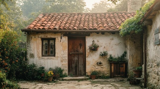 A rustic cottage with red tiles and a wooden door is present