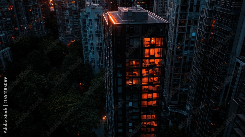 Poster aerial view showing a building with brightly lit windows at dusk