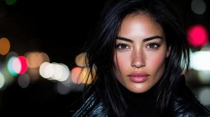 A beautiful woman looks directly at the viewer in the dark