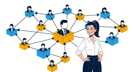 Businesswoman Overseeing Decentralized Yellow Blue Network Structure Depicting Global Team Collaboration in a Corporate Environment on White Background