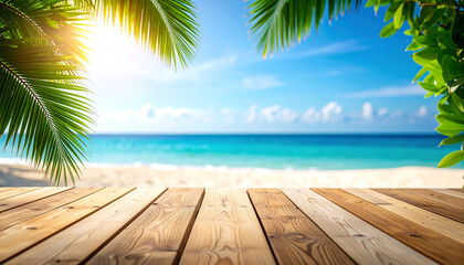 A sunlit wooden deck overlooks a tranquil, turquoise ocean and sandy beach, framed by lush palm fronds