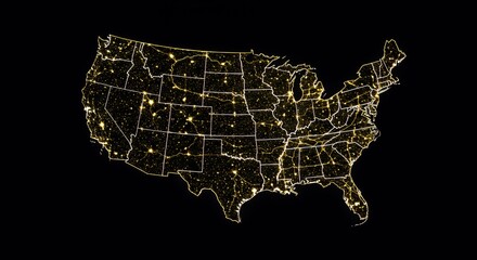 Golden Hues of American Night: A luminous map of the United States, showcasing its vibrant cities and interconnected roadways.