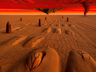 A desert landscape stretches beneath a blood-red sky at dusk, with cracked and dry sand covering multiple humanoid shapes partially buried beneath the surface in a pattern resembling a mass grave. Mul