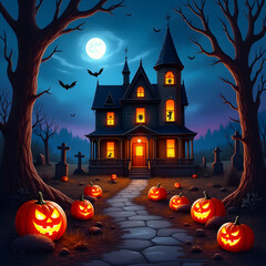 Fototapeta premium Spooky Halloween Night with Glowing Jack O Lanterns and Haunted House