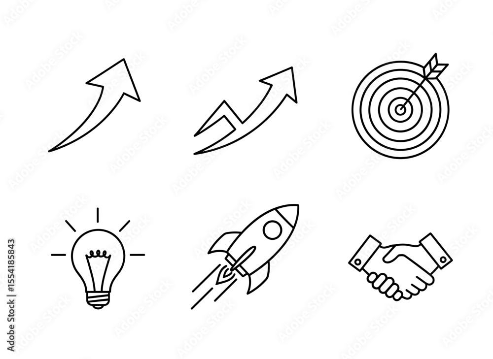 Poster collection of business icons including arrows target rocket bulb and handshake in a line art style d