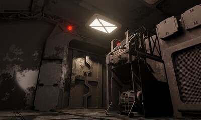 Computer hub and data center military base science fiction 3d rendering wallpaper background