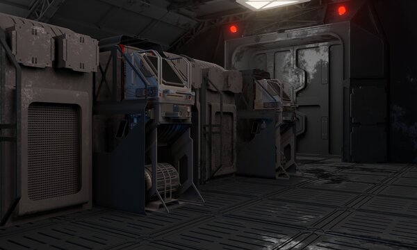 Data center computer in control room 3d rendering science fiction wallpaper background