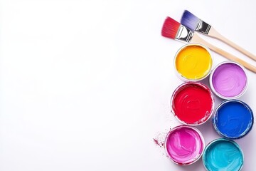 The image depicts a paint brush used for DIY projects, viewed from overhead, alongside an assortment of colorful paint samples
