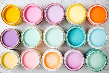 From above, a DIY paint brush and an array of sample paint pots in a variety of colors are visible