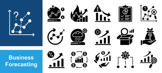 Business Forecasting icon set, with Prediction, Trend, Data, Analysis, Demand, Revenue