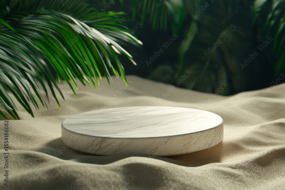 Poster generative ai is used in the creation of a tropical product placement, which is situated on a podium