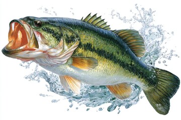 Obraz premium A largemouth bass leaps from the water, set against a plain white backdrop