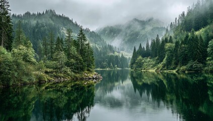 A serene lake surrounded by lush green forests, reflecting the misty sky and distant trees. The tranquil waters create a picturesque scene of nature's beauty.